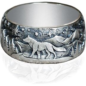 HAIXIAN Unisex Retro Wolf Statement Band Ring,Thick Silver Plated Antique Animal Engraved Punk Gothic Band Ring Jewelry for Women Men