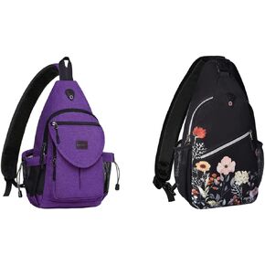 MOSISO Sling Backpack, Multipurpose Garden Flowers Rope Crossbody Shoulder Bag&Canvas Crossbody Hiking Daypack Bag with Anti-theft Pocket, Purple&Black