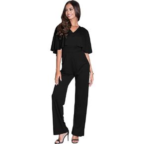 KOH KOH Womens Long Pants Cape Short Sleeve V-Neck Pockets Jumpsuit Romper