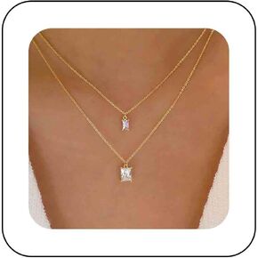 Boho Layered Crystal Necklace Square Crystal Pendant Necklace Gold Cz Square Choker Necklace Sparkling Rhinestone Necklace Geometric Necklace Chain Jewelry for Women and Girls