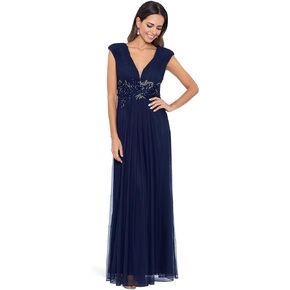 Betsy & Adam Long Chiffon Deep V Dress with Applique Navy/Navy/Gold 14