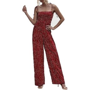 RINTONIX Women Sexy Spaghetti Strap Polka Dot Ruched Wide Leg Jumpsuit Overall Elastic Long Pants Summer Romper