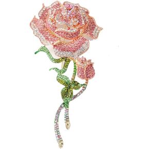 Kokoma Rhinestone Rose Flower Brooch Pin for Women Girls Pink Crystal CZ Exaggerated Big Floral Laple Pins Corsage Dress Accessories Jewelry for Valentine's Day Gift