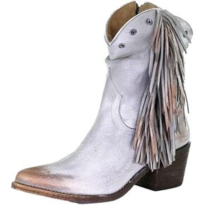 CIRCLE G LADIE'S GREY STUDS & FRINGES ANKLE BOOT ROUND TOE, RUBBER SOLE, URBAN Q0169