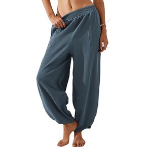 Springrain Womens Wide Leg Pants Baggy Cotton Elastic Waisted Loose Palazzo Pants with Pockets