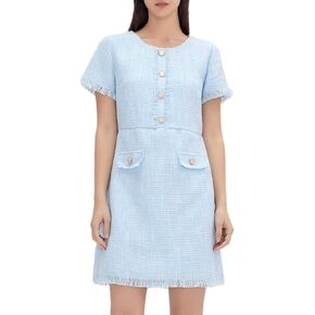 Womens Summer Tweed Dress Short Sleeve Crew Neck Tassels Elegant Casual Work Loose A Line Mini Dress