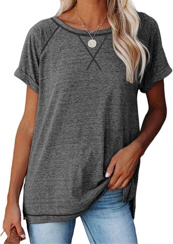 ayreus Women's Casual Short Sleeve T Shirts Crewneck Raglan Tees Side Split Summer Tunic Tops (1-Dark Grey,Medium) in Saudi Arabia
