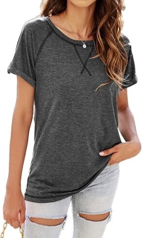ayreus Women's Casual Short Sleeve T Shirts Crewneck Raglan Tees Side Split Summer Tunic Tops (1-Dark Grey,Medium) in Saudi Arabia