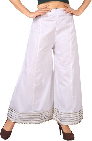 بنطال بالازو من القطن الفاخر للنساء حريري، ساق واسعة، مريح بمقاس كبير، ملابس كاجوال وبارز | غرزة مع الدانتيل الذهبي in Kuwait