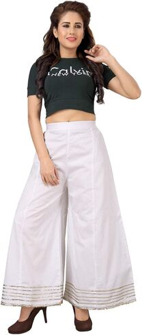 بنطال بالازو من القطن الفاخر للنساء حريري، ساق واسعة، مريح بمقاس كبير، ملابس كاجوال وبارز | غرزة مع الدانتيل الذهبي in Kuwait