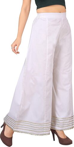 بنطال بالازو من القطن الفاخر للنساء حريري، ساق واسعة، مريح بمقاس كبير، ملابس كاجوال وبارز | غرزة مع الدانتيل الذهبي in Kuwait