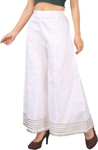 بنطال بالازو من القطن الفاخر للنساء حريري، ساق واسعة، مريح بمقاس كبير، ملابس كاجوال وبارز | غرزة مع الدانتيل الذهبي in Kuwait