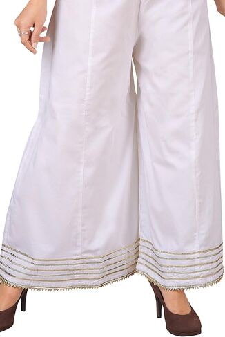 بنطال بالازو من القطن الفاخر للنساء حريري، ساق واسعة، مريح بمقاس كبير، ملابس كاجوال وبارز | غرزة مع الدانتيل الذهبي in Kuwait