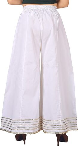 بنطال بالازو من القطن الفاخر للنساء حريري، ساق واسعة، مريح بمقاس كبير، ملابس كاجوال وبارز | غرزة مع الدانتيل الذهبي in Kuwait