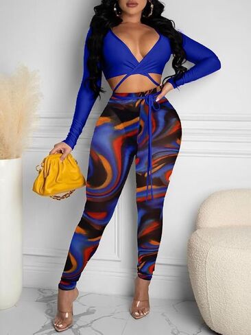 بدلة رياضية نسائية مثيرة مكونة من قطعتين من Acelyn، ملابس علوية قصيرة ذات خصر عالي، شفافة من خلال السراويل الضيقة، ملابس النادي، أزرق S in Kuwait