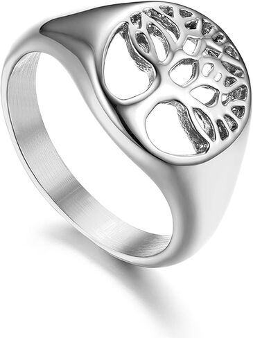 Rofusn Women Men's Stainless Steel Tree of Life Ring, Religious Vintage Life Tree Round Signet Biker Band Rings for Wedding Band Anniversary - Gold in Kuwait