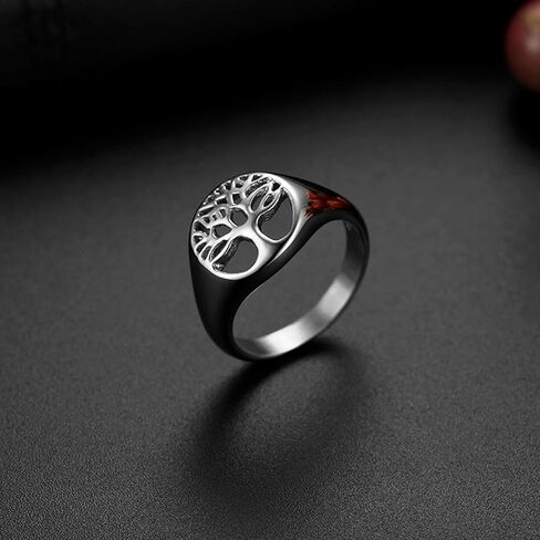 Rofusn Women Men's Stainless Steel Tree of Life Ring, Religious Vintage Life Tree Round Signet Biker Band Rings for Wedding Band Anniversary - Gold in Kuwait