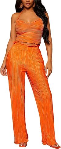 OYOANGLE Women's 2 Piece Outfits Sleeveless Cowl Neck Tie Backless Halter Cami Top and Textured Pants Set in Saudi Arabia