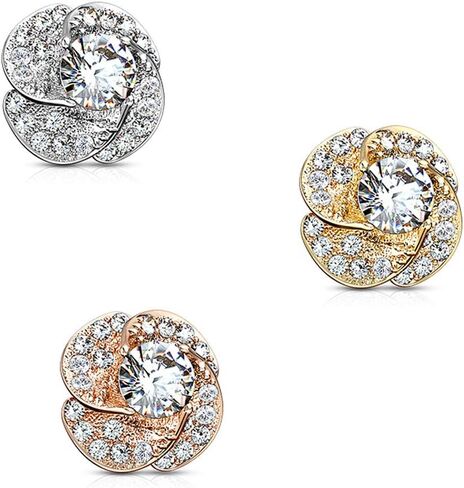 FIFTH CUE 14G CZ Paved & Round CZ Center Rose Blossom 316L Surgical Steel Internally Threaded Dermal Anchor Top in Saudi Arabia