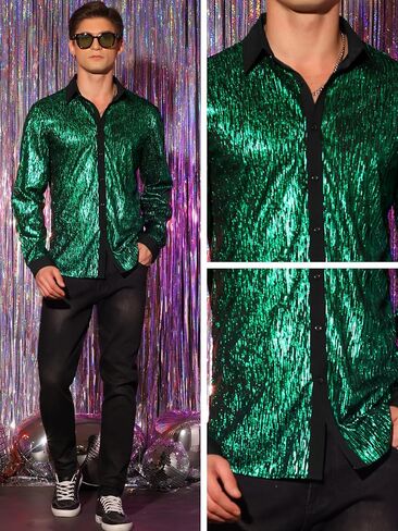 Lars Amadeus Glitter Metallic Shirts for Men's Button Long Sleeves Disco Sparkly Shirt in Saudi Arabia