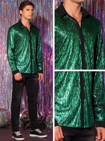 Lars Amadeus Glitter Metallic Shirts for Men's Button Long Sleeves Disco Sparkly Shirt in Saudi Arabia