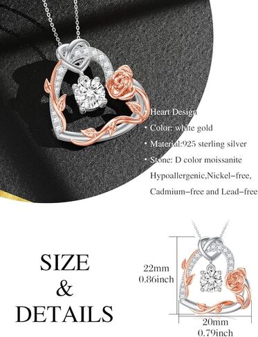wtyim روز زهرة القلب قلادة للنساء مويسانيتي الماس روز إنفينيتي القلب قلادة قلادة مجوهرات عيد الحب عيد ميلاد هدية عيد الميلاد لزوجتها صديقة أمي الفتيات، 18 + 2 بوصة in Kuwait