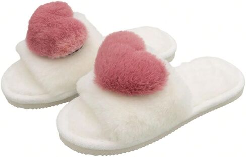 OYOANGLE Women's Heart Decor Solid Slippers Cozy Bedroom House Flat Slippers Fashion Warm Open Toe Furry House Slipper in Saudi Arabia