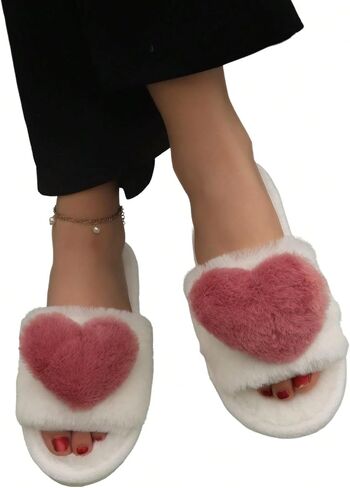 OYOANGLE Women's Heart Decor Solid Slippers Cozy Bedroom House Flat Slippers Fashion Warm Open Toe Furry House Slipper in Saudi Arabia