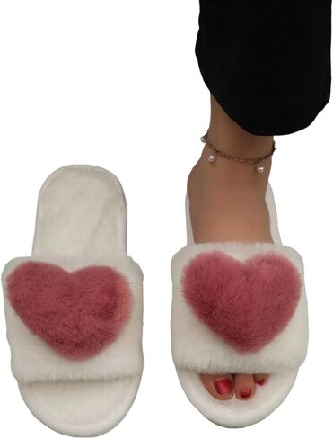 OYOANGLE Women's Heart Decor Solid Slippers Cozy Bedroom House Flat Slippers Fashion Warm Open Toe Furry House Slipper in Saudi Arabia
