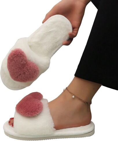 OYOANGLE Women's Heart Decor Solid Slippers Cozy Bedroom House Flat Slippers Fashion Warm Open Toe Furry House Slipper in Saudi Arabia