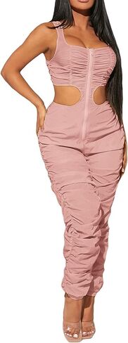 Verdusa Women's Cut Out Zip Up Ruched Square Neck Sleeveless Tank Jumpsuit Pants in Saudi Arabia