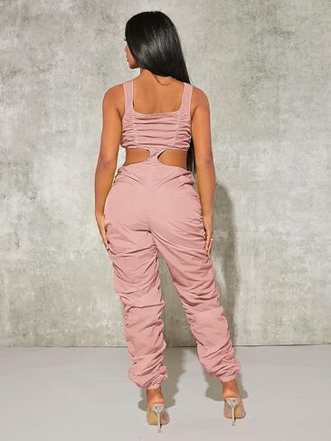 Verdusa Women's Cut Out Zip Up Ruched Square Neck Sleeveless Tank Jumpsuit Pants in Saudi Arabia