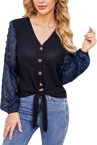 MISSKY Women's V Neck Lace Patchwork Long Sleeve Ribbed Knit Pullover Sweater Tops Shirts in Saudi Arabia