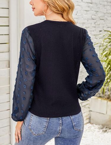 MISSKY Women's V Neck Lace Patchwork Long Sleeve Ribbed Knit Pullover Sweater Tops Shirts in Saudi Arabia