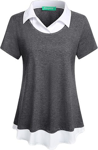 Kimmery Womens Short Sleeve Collared Patchwork Swing Office Blouse Shirts in Saudi Arabia