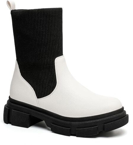 YETIER Women's Chelsea Ankle Boots Elastic Slip on Chucky Heel Comfortable Booties Mid Calf Combat Booties in Saudi Arabia