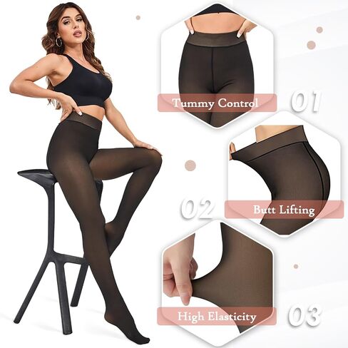 KBVOT Fleece Lined Tights Women Sheer Fake Translucent Winter Thermal Pantyhose Opaque Warm Thick High Waist Leggings(XS-2XL) in Saudi Arabia