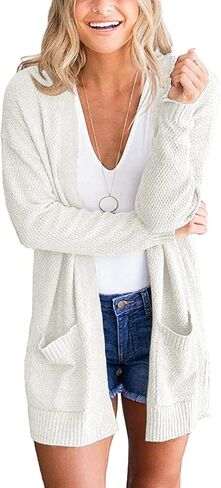 PIIRESO Women's Open Front Waffle Knit Cardigan Sweater Long Sleeve Loose Outwear with Pockets in Saudi Arabia
