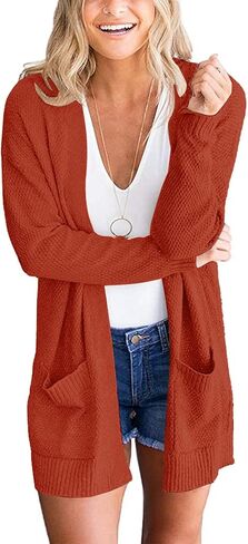 PIIRESO Women's Open Front Waffle Knit Cardigan Sweater Long Sleeve Loose Outwear with Pockets in Saudi Arabia