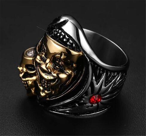 Men's Stainless Steel Gemini Ghost Double Skull Head Ring Cool Biker Jewelry in Saudi Arabia
