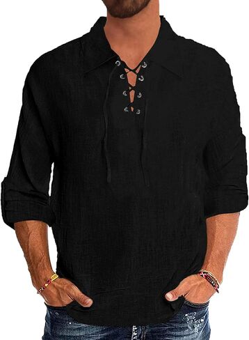 قمصان Jacansi الرجالية الكاجوال بأربطة وأكمام طويلة من العصور الوسطى وعصر النهضة زي القرصان in Kuwait