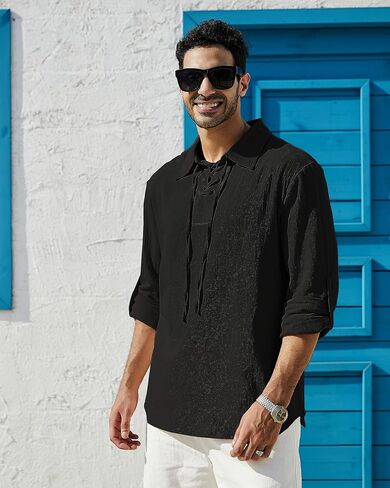 قمصان Jacansi الرجالية الكاجوال بأربطة وأكمام طويلة من العصور الوسطى وعصر النهضة زي القرصان in Kuwait