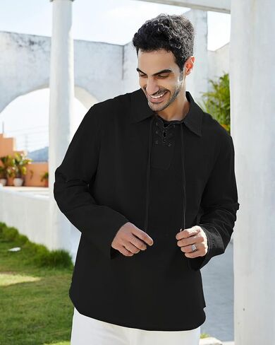 قمصان Jacansi الرجالية الكاجوال بأربطة وأكمام طويلة من العصور الوسطى وعصر النهضة زي القرصان in Kuwait