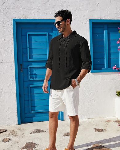 قمصان Jacansi الرجالية الكاجوال بأربطة وأكمام طويلة من العصور الوسطى وعصر النهضة زي القرصان in Kuwait