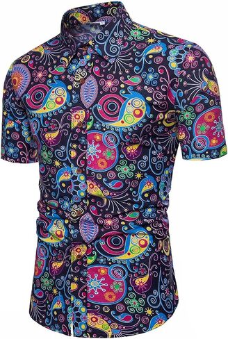 QZH.DUAO Mens 70s Disco Party Shirts Casual Paisley Button Down Shirt Vintage Floral Hawaiian Beach Short Sleeve Shirt in Saudi Arabia