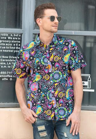 QZH.DUAO Mens 70s Disco Party Shirts Casual Paisley Button Down Shirt Vintage Floral Hawaiian Beach Short Sleeve Shirt in Saudi Arabia
