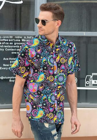 QZH.DUAO Mens 70s Disco Party Shirts Casual Paisley Button Down Shirt Vintage Floral Hawaiian Beach Short Sleeve Shirt in Saudi Arabia