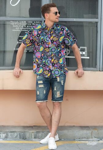 QZH.DUAO Mens 70s Disco Party Shirts Casual Paisley Button Down Shirt Vintage Floral Hawaiian Beach Short Sleeve Shirt in Saudi Arabia