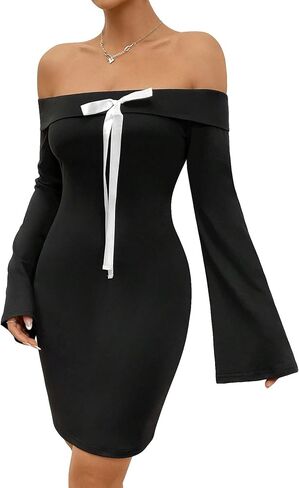 Milumia Women's Off Shoulder Long Bell Sleeve Mini Dress Knot Front Bodycon Pencil Dresses in Saudi Arabia