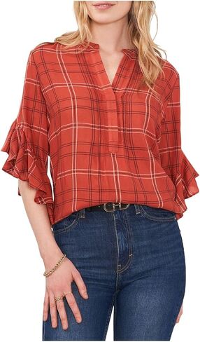Vince Camuto Ruffle Sleeve Pin Tuck Henley Blouse Apple Red XL in Saudi Arabia